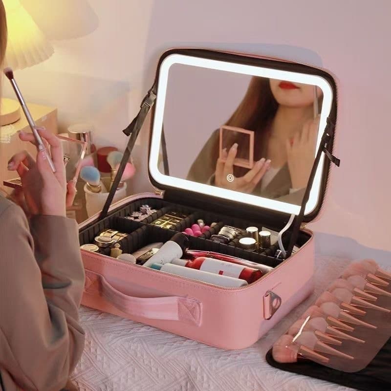Portable Makeup Bag with Mirror and Light, Multifunctional Makeup Brush Organizer