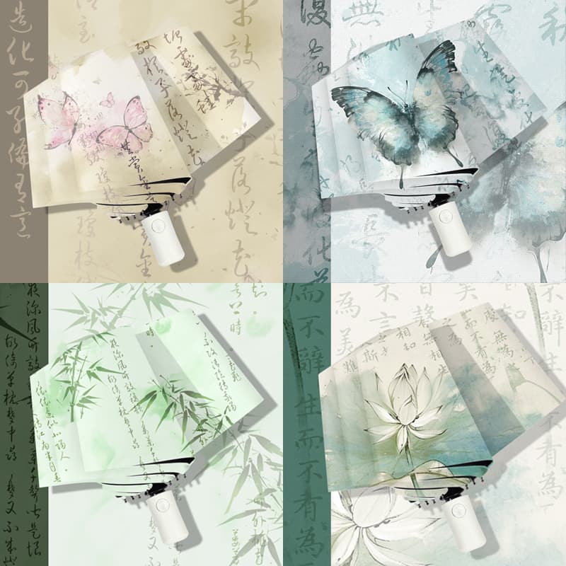 Chinese Style Automatic Folding Umbrella UV Protection Sunshade Black Coating Rain or Shine Custom Advertising Umbrella