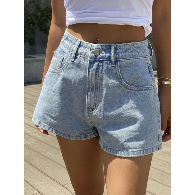 N 10545 Mid High Waist Non-Stretch Denim Shorts