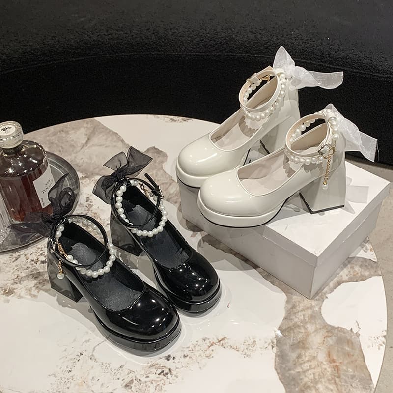Ins-style Chunky Heel Beige French High Heels for Women 2026 New Spring Summer Pearl Square Toe Mary Jane Shoes