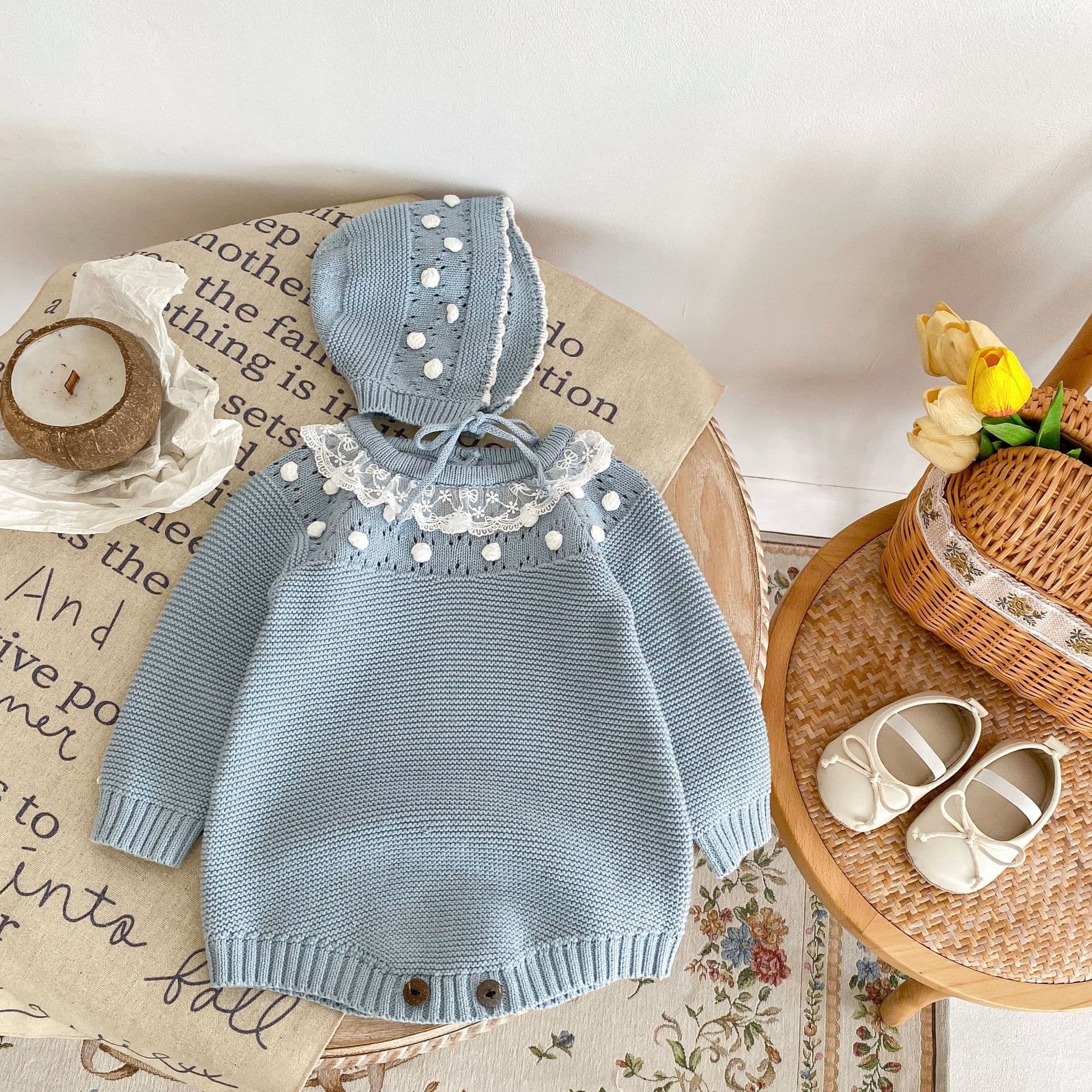 2026 Autumn Baby Girl Lace Collar Handmade Dotted Long Sleeve Harness Round Neck Coverall + Optional Hat