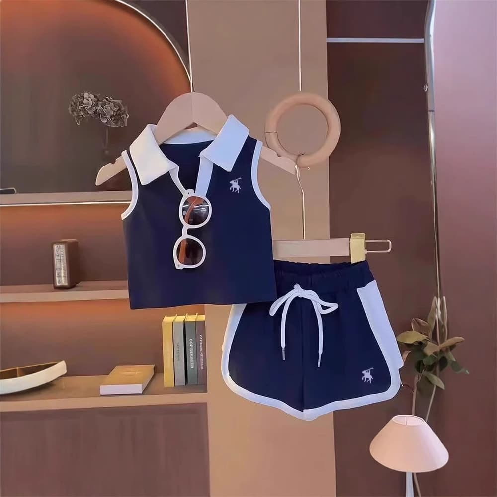 Korean Summer School Style Set Sleeveless Children's Fashion Polo Neck Vest and Shorts Set
