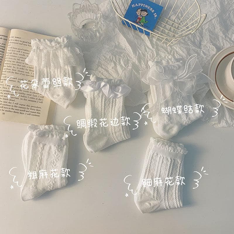 Summer thin white bow lace socks for women, mid-calf socks, Japanese versatile Lolita fairy sweat-absorbing socks.