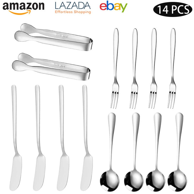 Amazon Stainless Steel Cheese Knife Butter Spreader 14-Piece Set Butter Knife Ice Tongs Set Coffee Spoon Sugar Cube Tongs