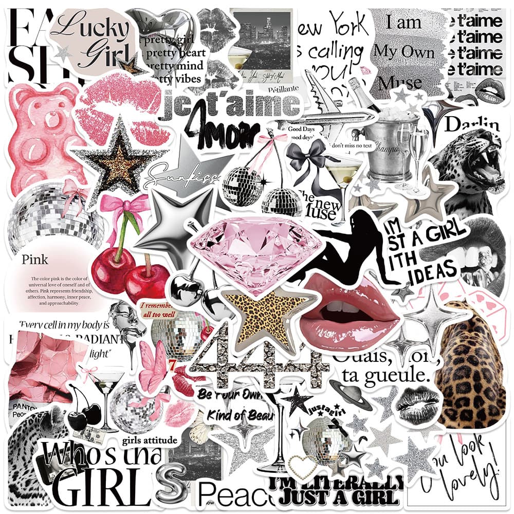 50pcs Silver Lucky Girl Stickers for Luggage Guitar Skateboard Phone DIY Graffiti Decals, Wholesale Available