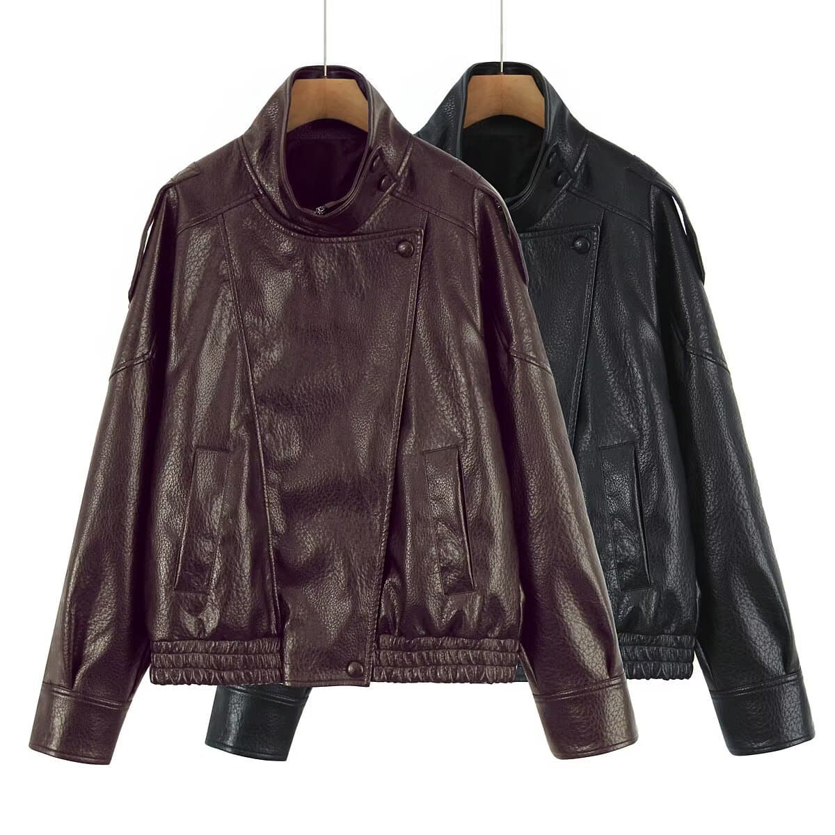 2025 Winter New Faux Leather Long-Sleeve Stand-Collar Jacket for Women Retro Trendy Functional Asymmetric Zip Short Top