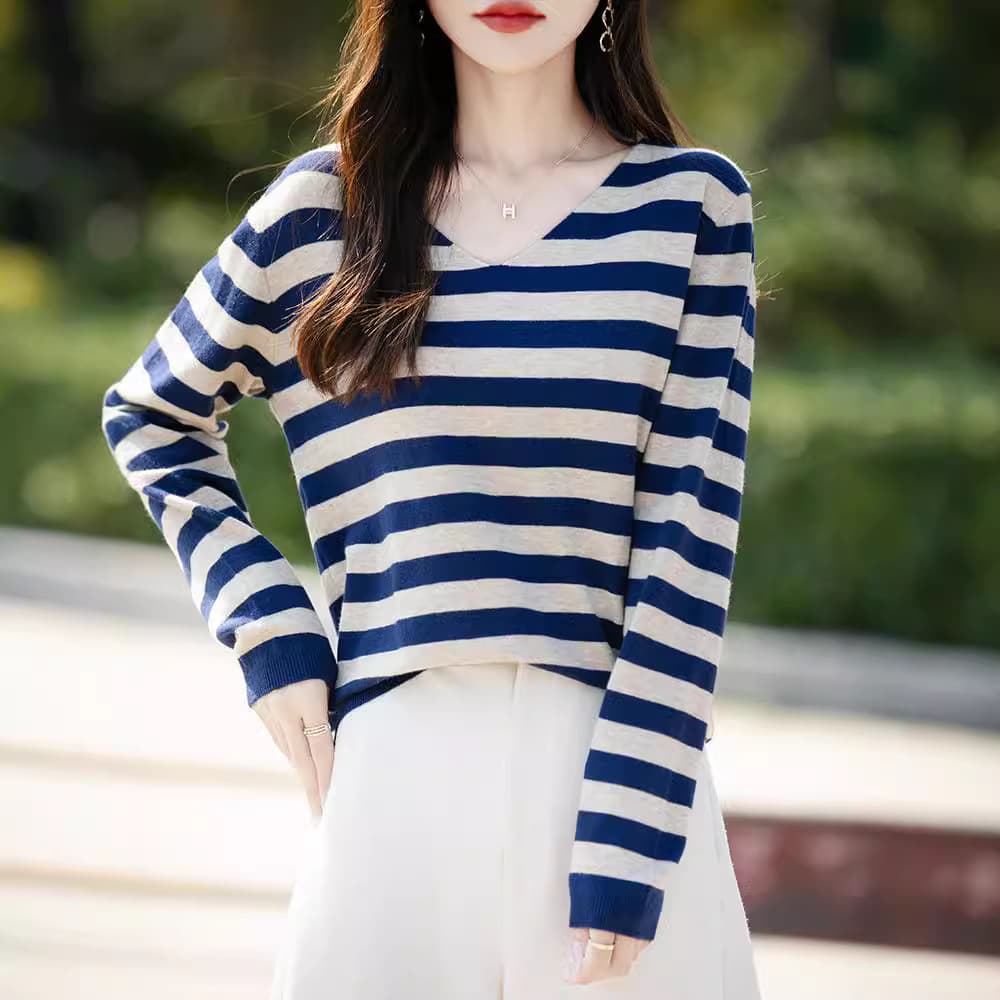 Wholesale New Autumn Casual Knit Sweater Round Neck Long Sleeve Base T-Shirt Wide Stripes Loose Slim Knit Inner Layer