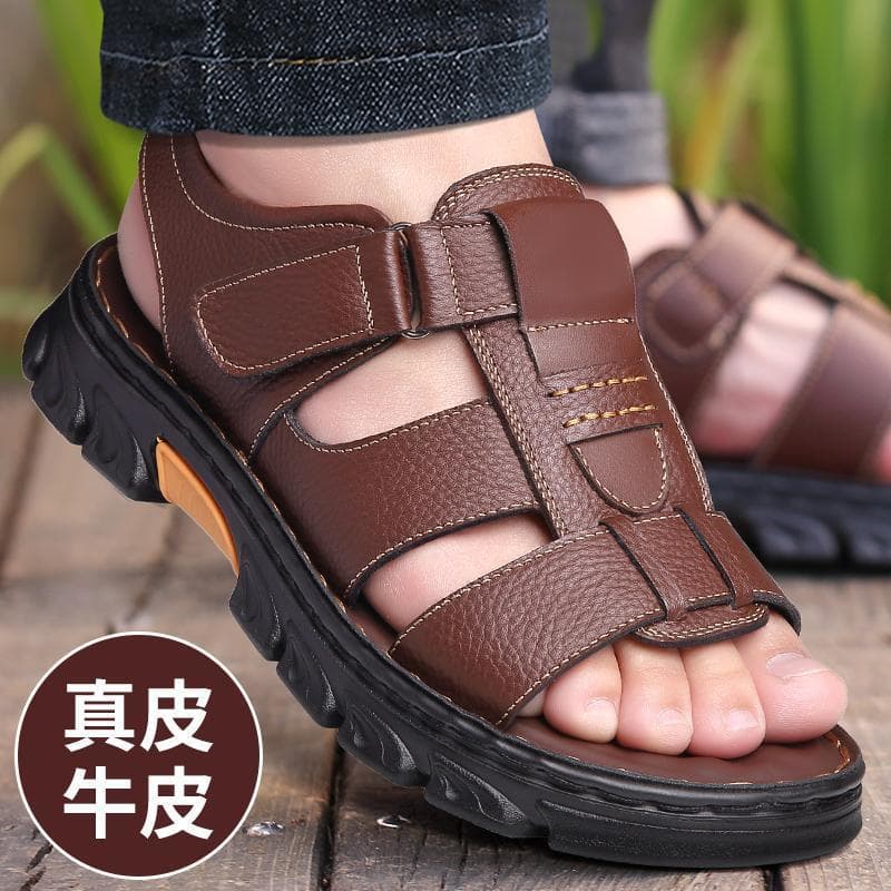 Factory Direct Top Layer Cowhide Leather Sandals Men's Genuine Leather 2024 Summer New Non-Slip Beach Shoes Driving Slippers