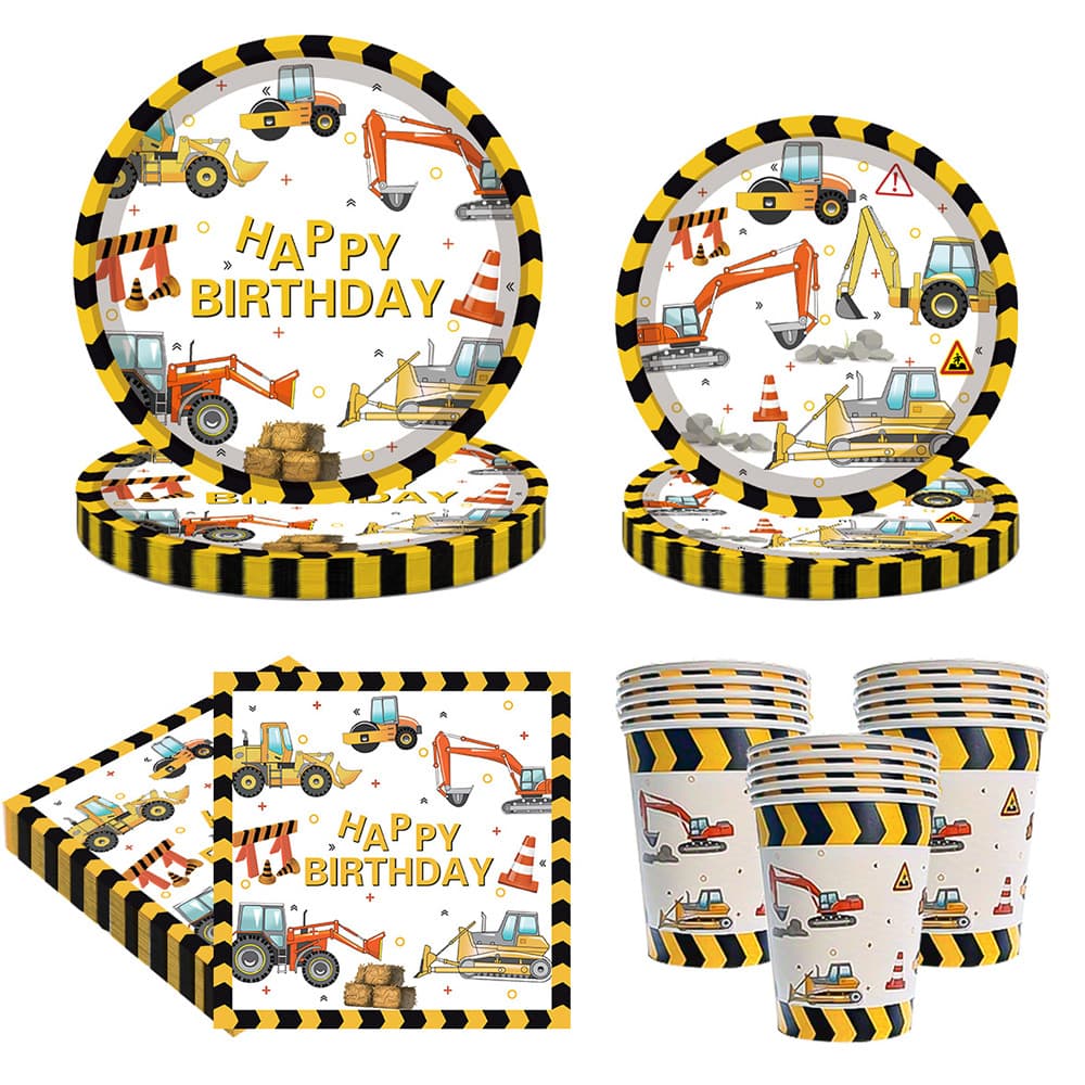 New Engineering Vehicle Theme Tableware Glossy Food-Grade Plates = Birthday Party Disposable Paper Plates, Paper Cups, Napkins