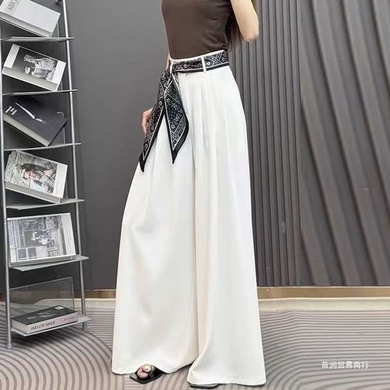 New Summer High Fashion Ice Silk Wide Leg Pants for Women, High Waist, Slimming, Floor-Length, Korean Style Scarf Casual Dress Pants