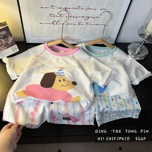 Children's Summer Homewear Set, Boys' Color-Block Cloud Cotton Pajamas, Girls' Short-Sleeve Shorts Thin Air Conditioning Wear