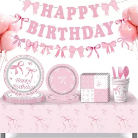 Pink Bow Birthday Party Decoration Disposable Tableware Set for Girls' Gathering, Valentine's Day Banquet Premium Plates
