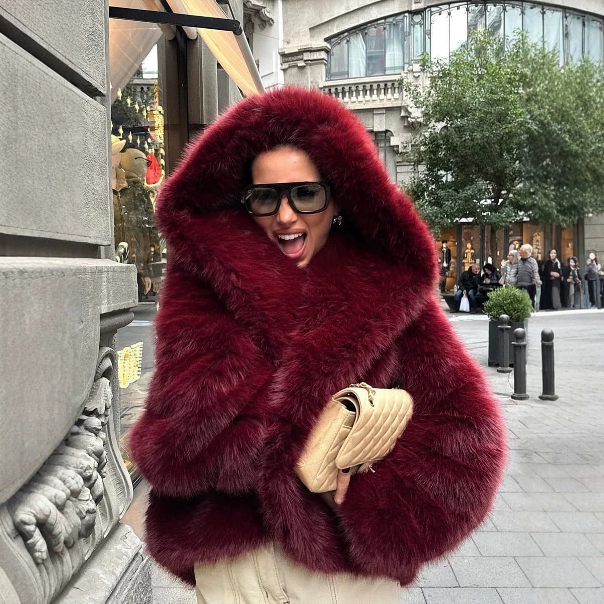 Women's Faux Fur Coat, Hooded Thickened Autumn Winter Fox Fur Style Jacket, Loose Fashionable Fur Coat