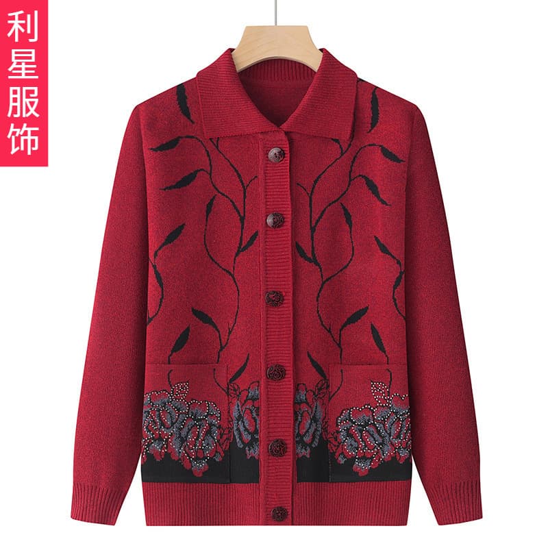 Middle-aged and elderly women's sweater, grandma's spring outerwear, mom's lightweight turn-collar loose-fitting top for spring and autumn.