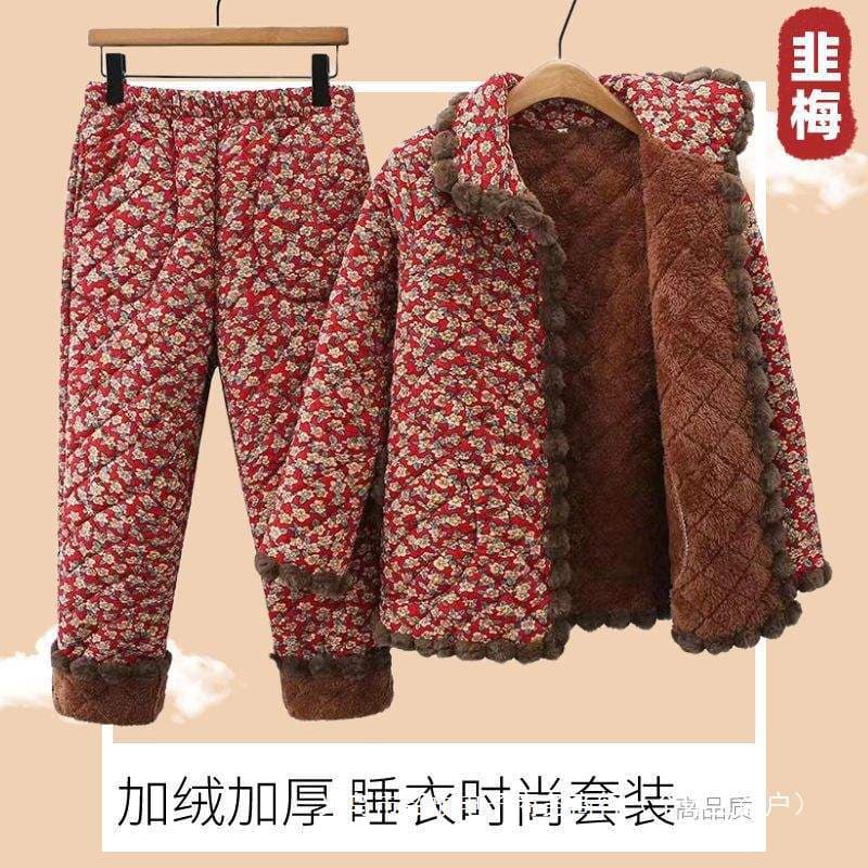Autumn and winter all-season fleece-lined warm pajamas, plus-size maternity wear, grandmother fleece-lined two-piece set, cotton-padded coat and pants.