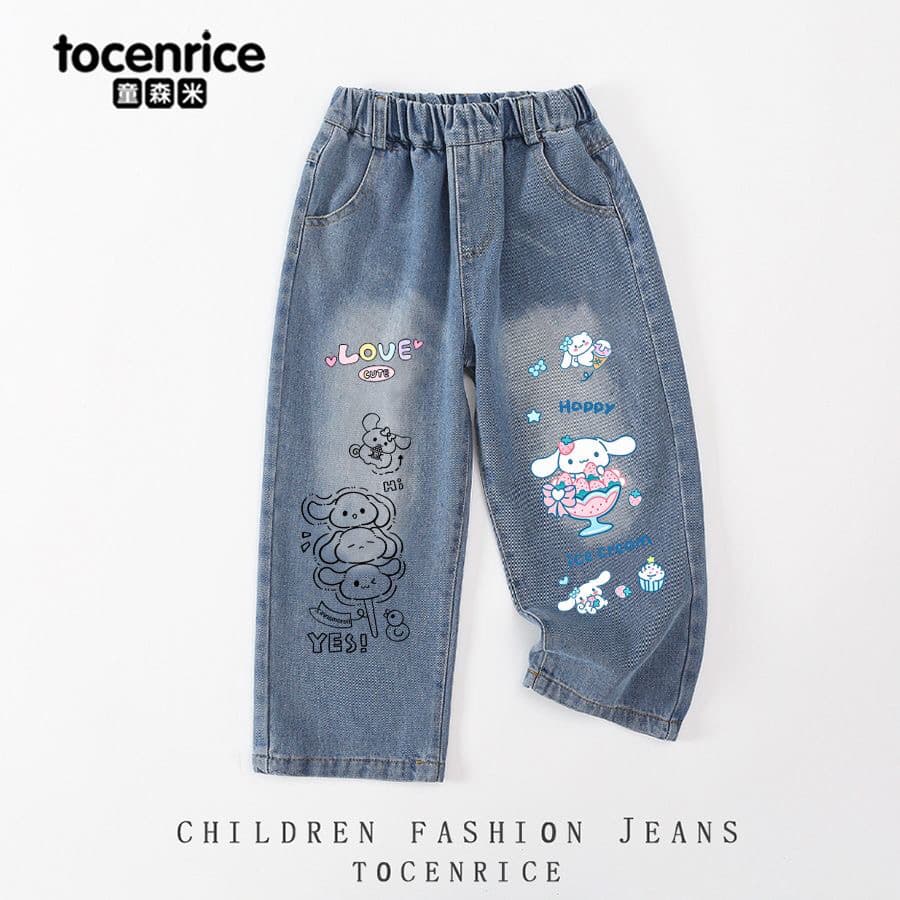 Cinnamon Dog Girls' Jeans - Stylish Straight Leg Pants for Autumn, Casual Style with Big Ears and Dog Design, Spring and Autumn Style