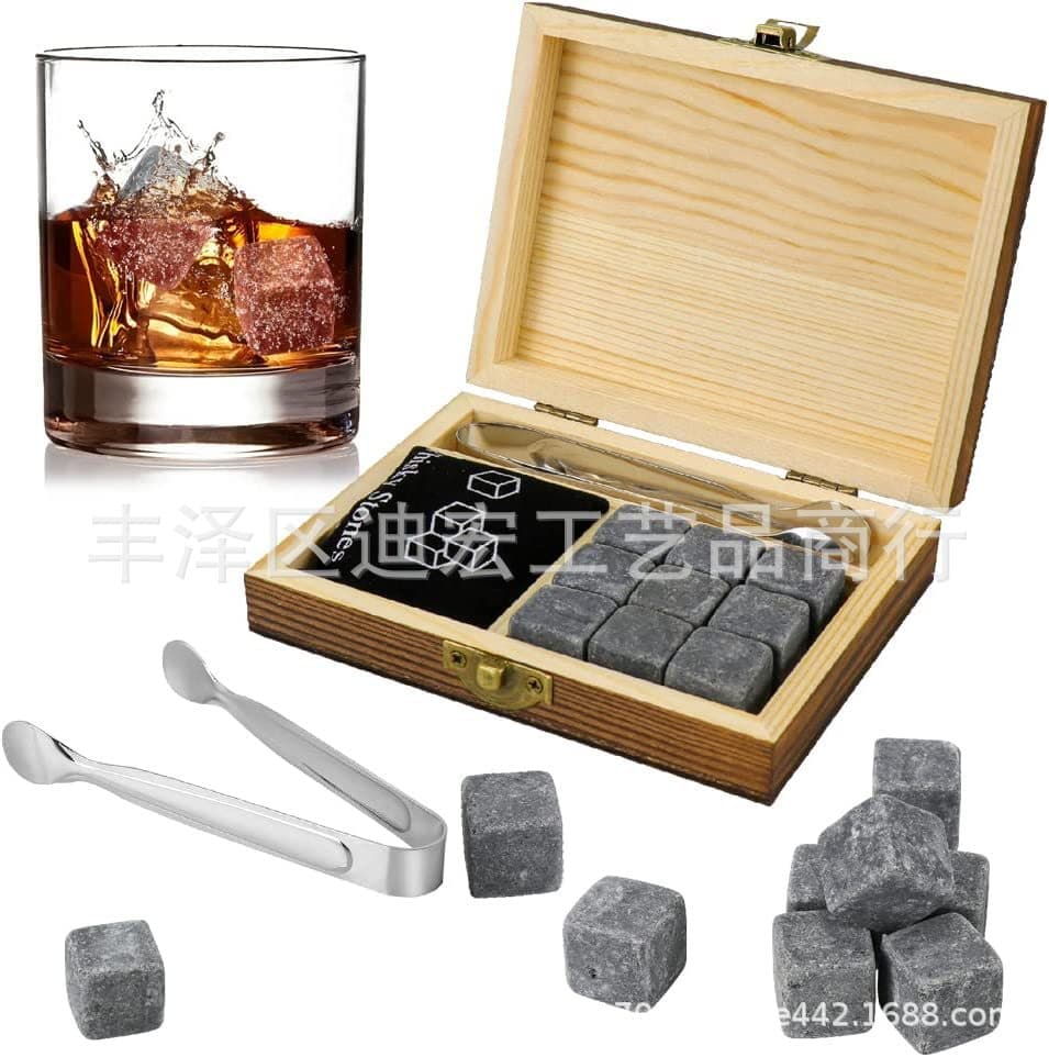 Whiskey Ice Stones, Reusable Quick-Freeze Ice Rocks, Gift Wooden Box Set
