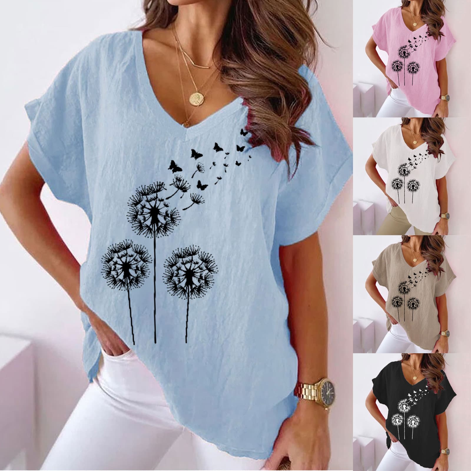 2023 Summer Cross-Border EU/US Hot-Selling Plus Size Women's Dandelion Print V-Neck Linen Batwing T-Shirt