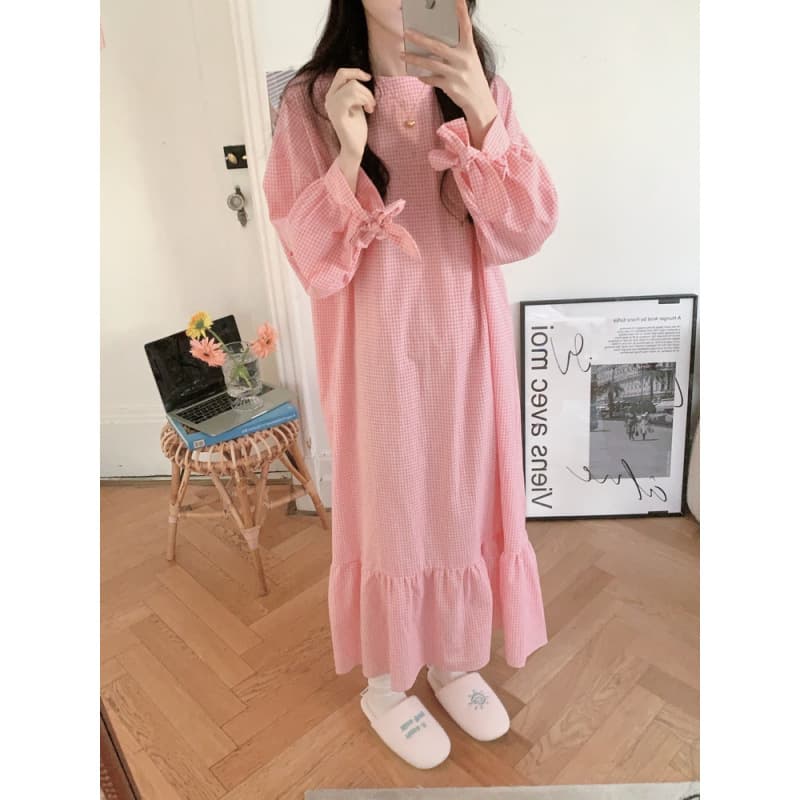 Cross-border supply for foreign trade women's new Korean-style spring new pink plaid loose dress nightgown wholesale women