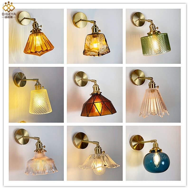 Nordic Japanese-style Brass Wall Lamp for Bedroom Bedside, Bathroom, Cloakroom, Background Wall, Mirror Front Creative Glass Wall Light