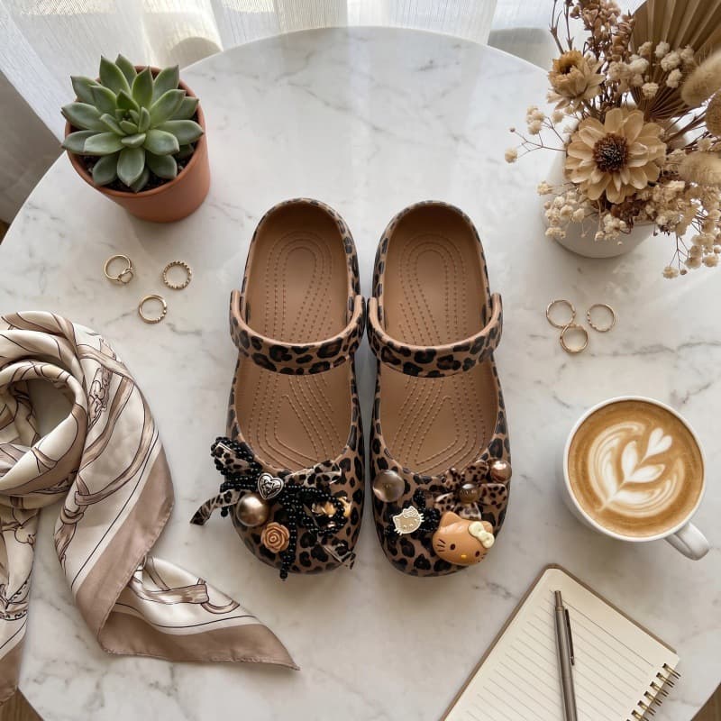 Leopard Print Mary Jane Shoes Ballet Flats Sandals Women's Crocs Style Outdoor Slide Sandals Beach Shoes Home Slippers
