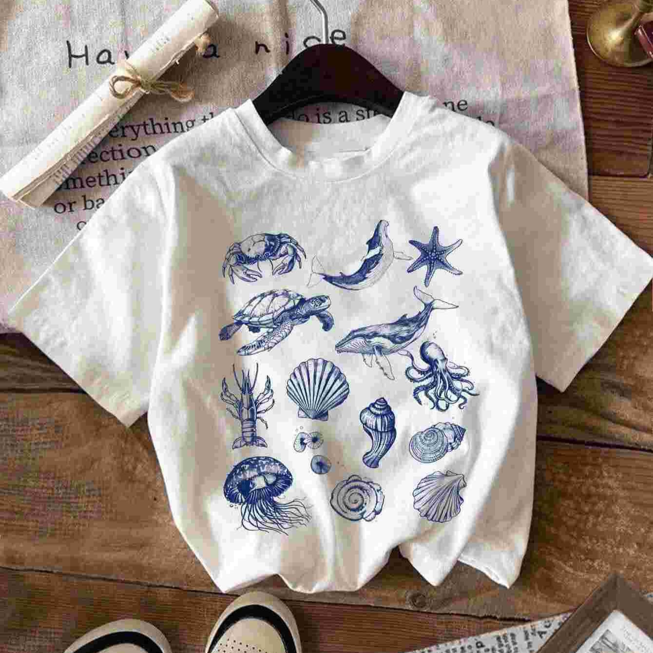 【European Size Cotton T-Shirt】New Summer Round Neck Short Sleeve T-Shirt with Ocean Animal Letter Print for Cross-Border E-Commerce