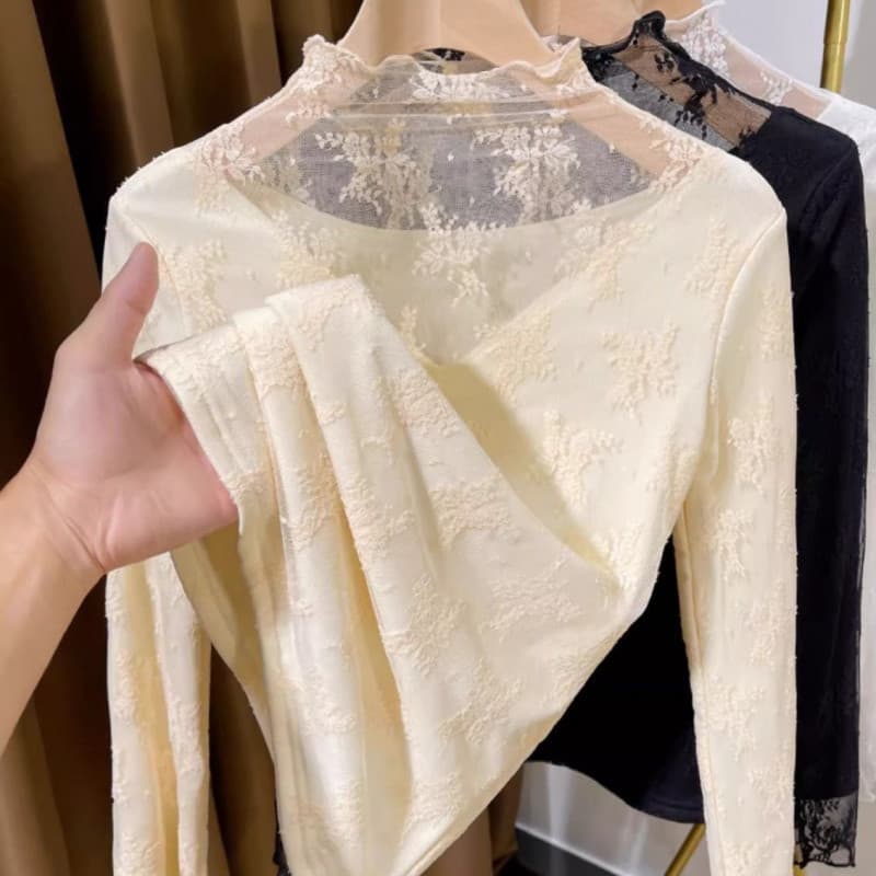 Women's Mock Neck Lace Thermal Base Top 2024 Spring New Warm Inner Layering Sweater