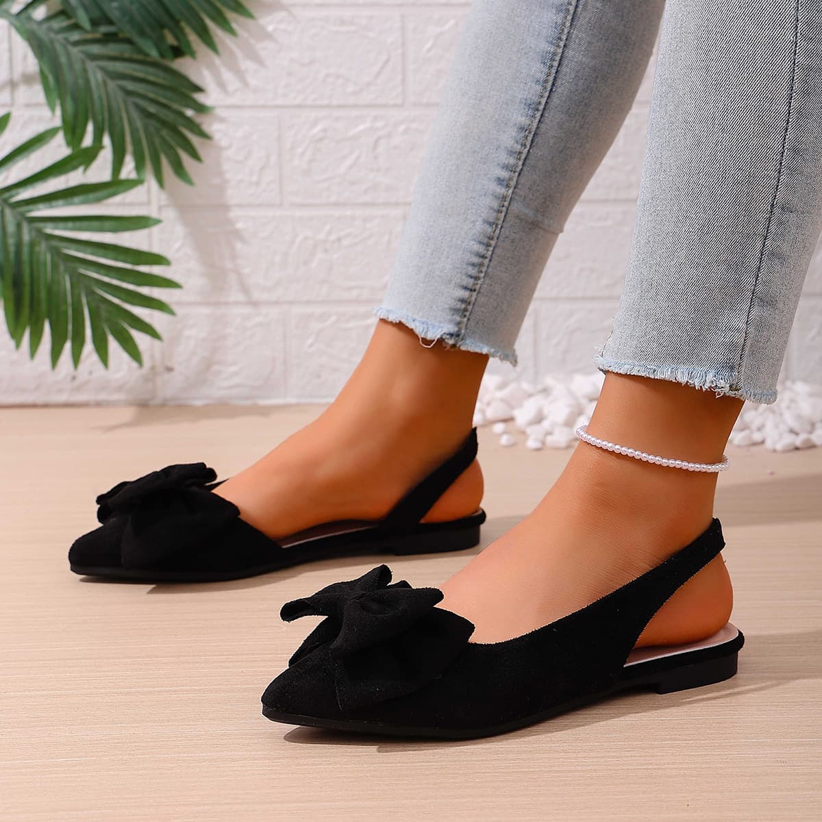 2025 Winter New Closed-Toe Open-Back Bow Ballet Flats European-American Style Women's Shoes Factory Direct Export Cross-Border
