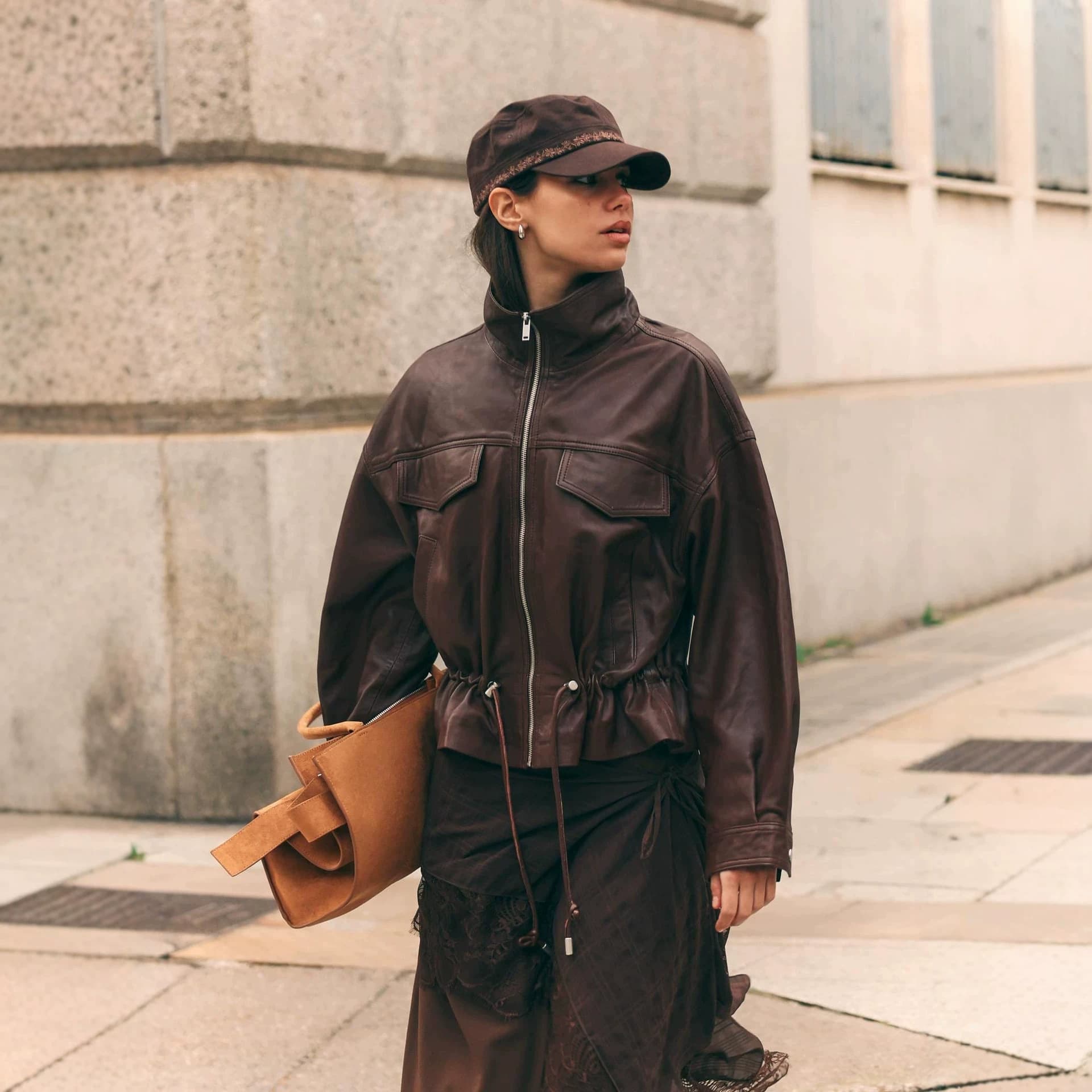 European and American cross-border popular imitation leather stand-up collar workwear leather jacket for women street versatile drawstring waist loose motorcycle style jacket