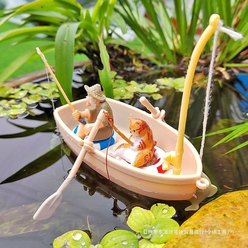 Mini Boat with Lifebuoy Fishing Trawler Aquarium Floating Scenery Model Toy Micro Landscape DIY Ornament Wholesale