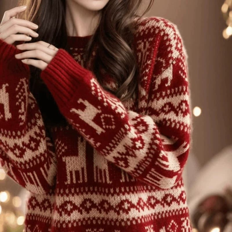 Lazy Style Festive Red Jacquard Sweater Women's 2025 Winter New Loose Soft Cozy Knit Top