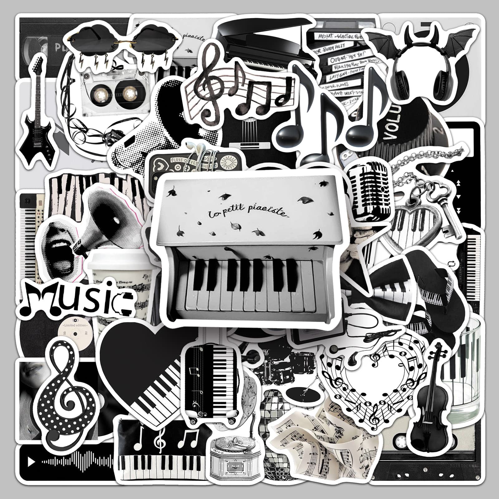 50 Black and White Music Ins Style Stickers, Musical Instruments and Notes Graffiti Phone Case Creative Waterproof Journal Stickers