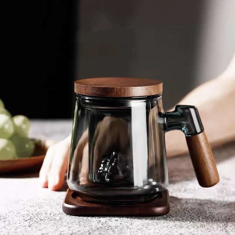 Premium Glass Tea Cup with Tea-Water Separation, Office 3-Piece Set, Mountain View Tea Cup with Filter for Flower Tea