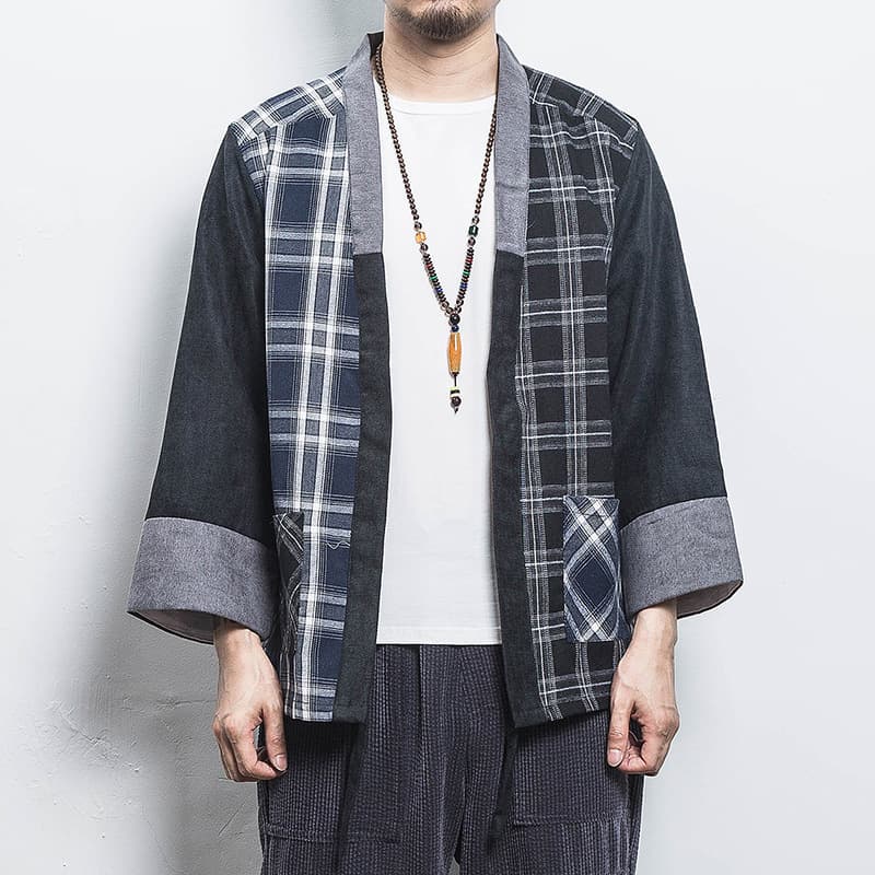 2025 Summer Chinese Style Retro Trendy Patchwork Color Block Plaid Cardigan Japanese Style Plus Size Hanfu T-Shirt for Men