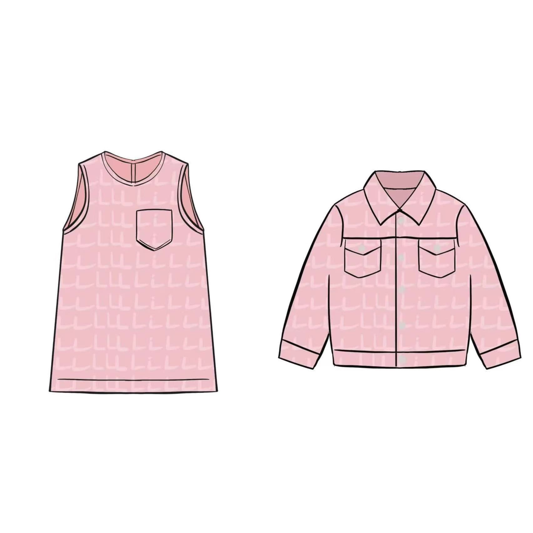 XB7165 Pink all-over print denim jacket + vest dress