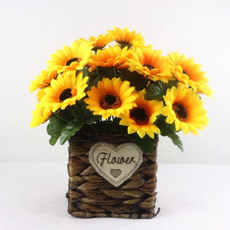 Mini Sunflower Artificial Flower Decoration, Fake Sunflower Small Arrangement with Fence, Small Bouquet for Living Room Table Decor