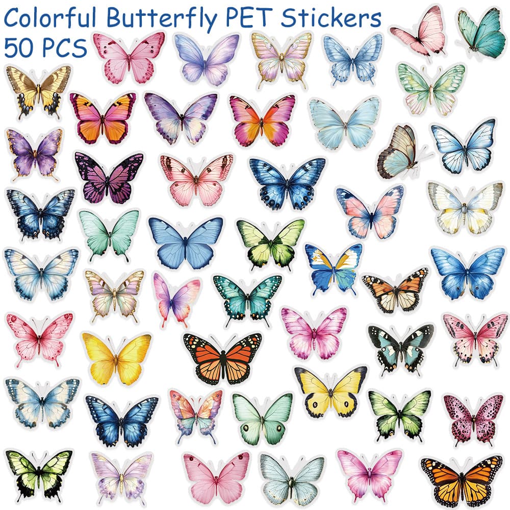 Cross-border new 50 colorful butterfly PET transparent stickers notebook water cup window grille diy hand account decoration stickers