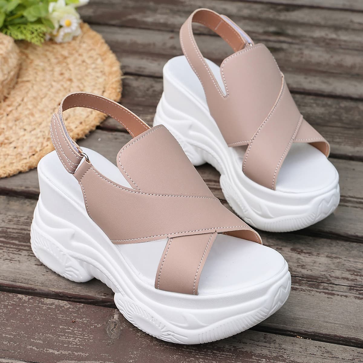 Wedge Heel Sandals Women Cross-border Openwork Roman Sandals Summer New Large Size Thick Sole Magic Tape Platform Sandals