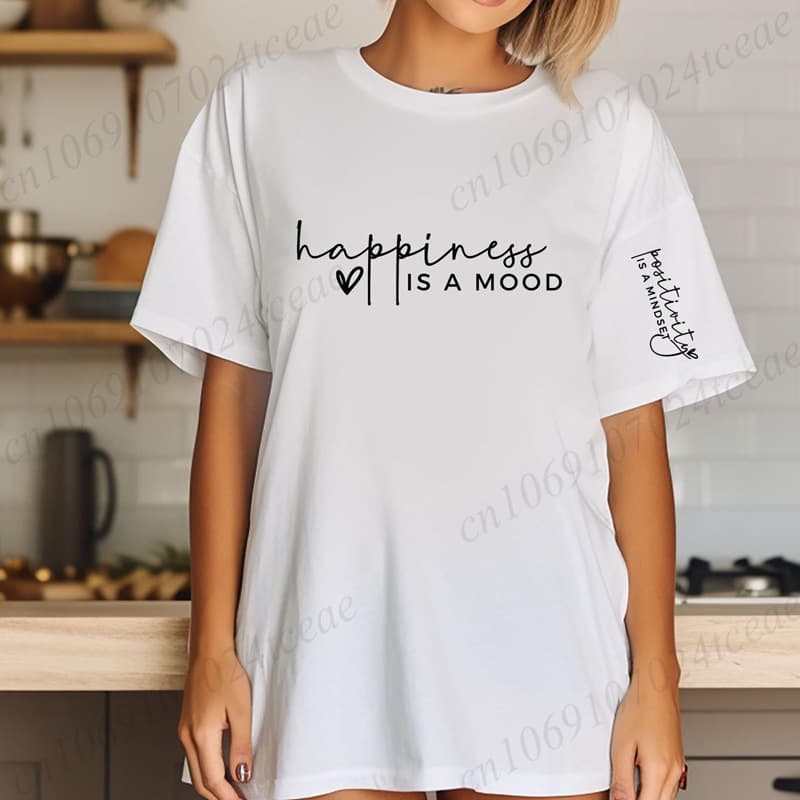 Exclusive for Cross-Border [EU Size Cotton T-Shirt] Happiness is a Mood, Positivity is a Mindset T-Shirt with Wrist Design
