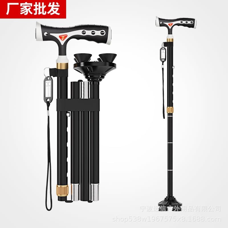 Aluminum Alloy Walking Cane for Elderly, Rubber-Coated Magnetic Single Foot Rotating Four-Leg Dual-Use Cane, Foldable Telescopic Portable