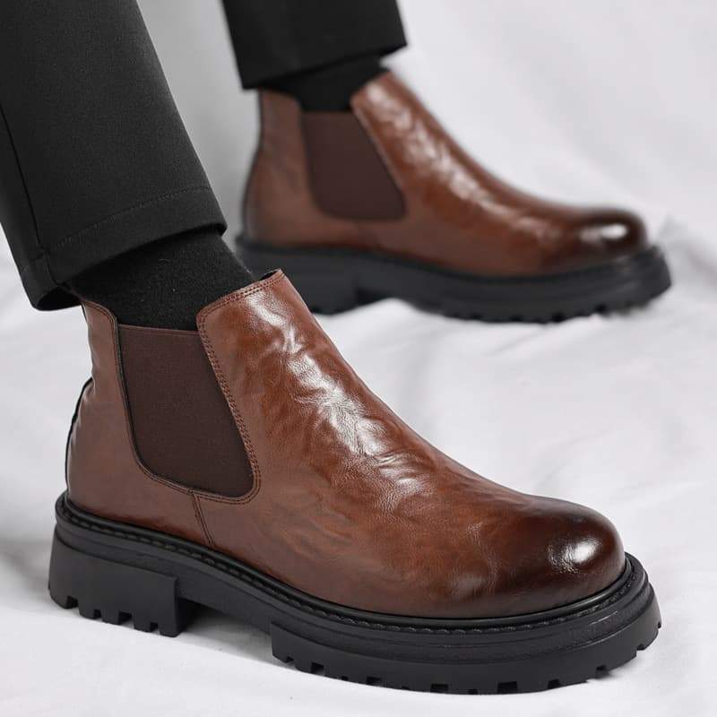 Autumn/Winter Low-Top Hand Grained Mid-Top Chelsea Boots British Style Men's Shoes Fleece-Lined Thickened Warm Boots Drop Shipping
