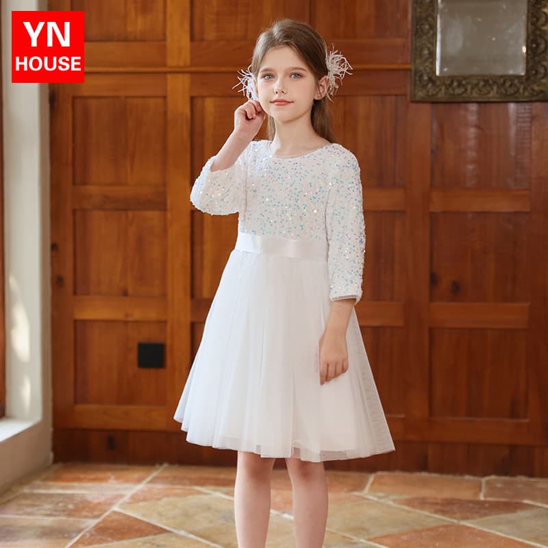 Girls' White Sequin Birthday Princess Dress, Children's Catwalk Piano Host Performance Flower Girl Wedding Dress