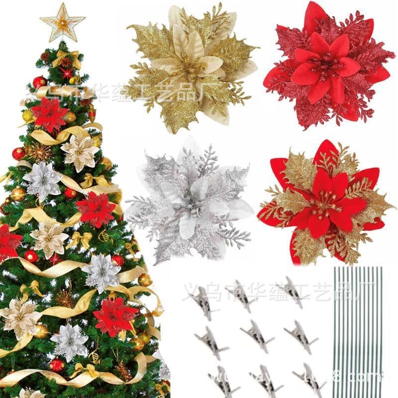 Cross-border Christmas Flowers, Christmas Decoration Wreath, Christmas Tree Glitter Plastic Clips Wire Christmas Atmosphere