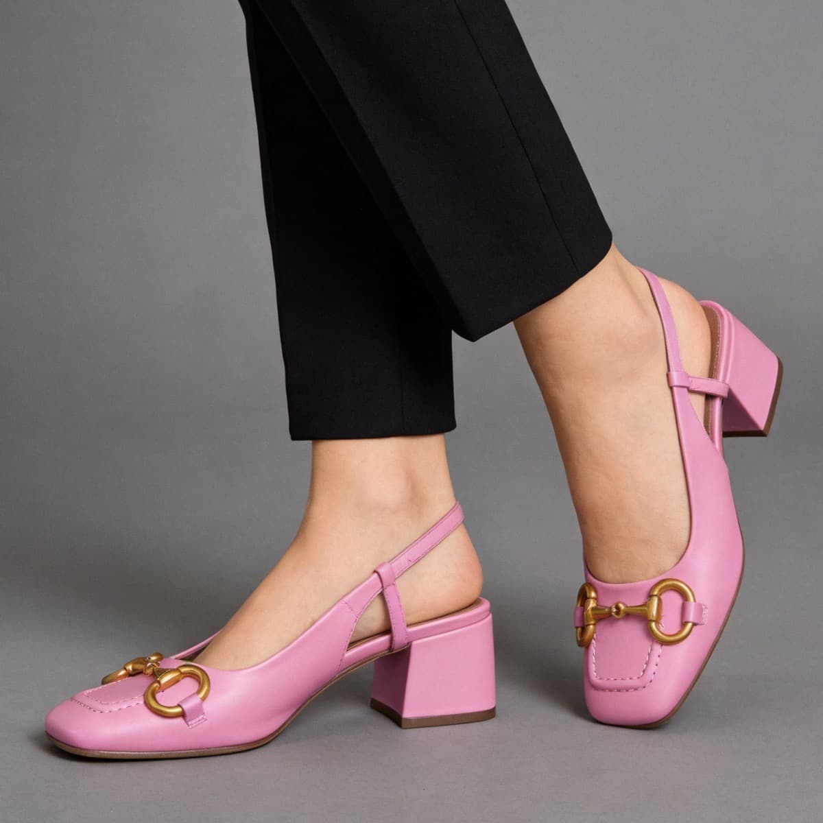 2026 New Cross-Border Horsebit Buckle Chunky Heel Mary Jane Shoes 40-43 Fashion Heel Square Toe High Heel Backless Flats Women
