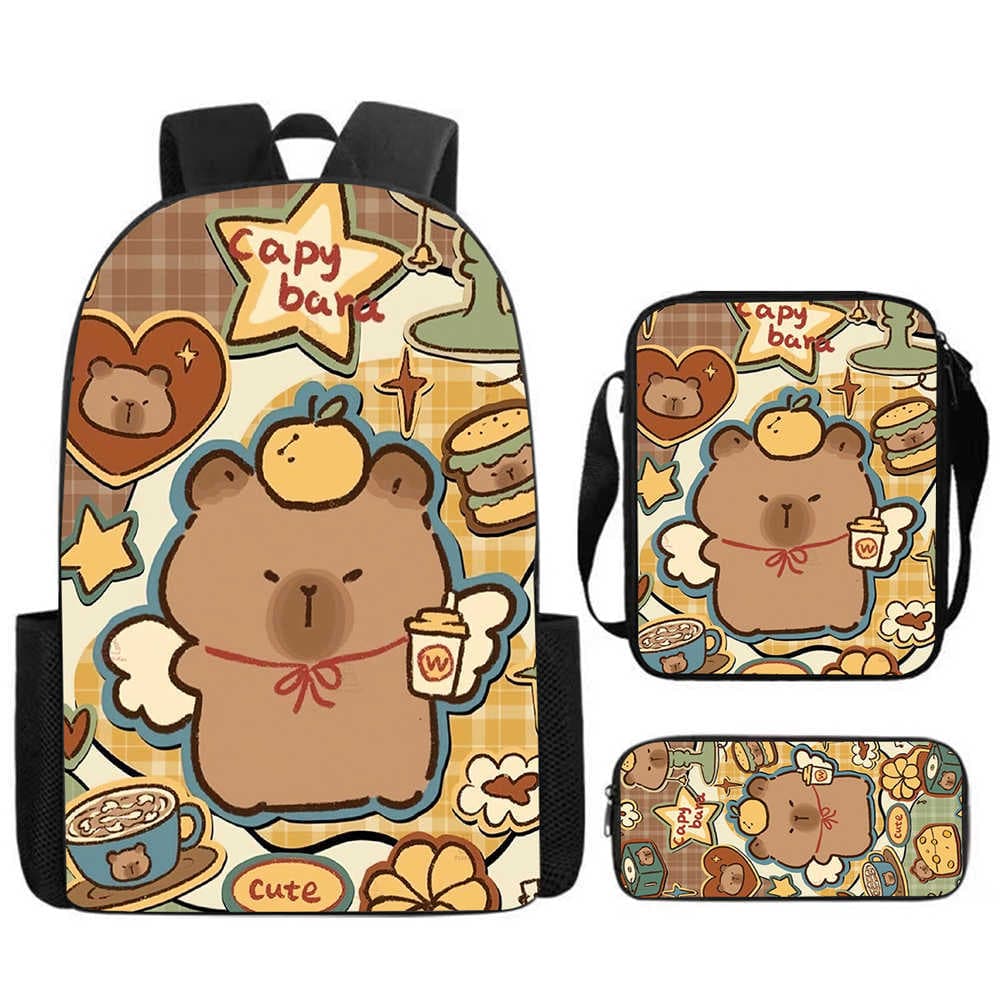 Cartoon Capybara Backpack, Shoulder Bag, and Pencil Case 3-Piece Set, Lightweight Primary School Student Backpack, Large Capacity Children's Backpack
