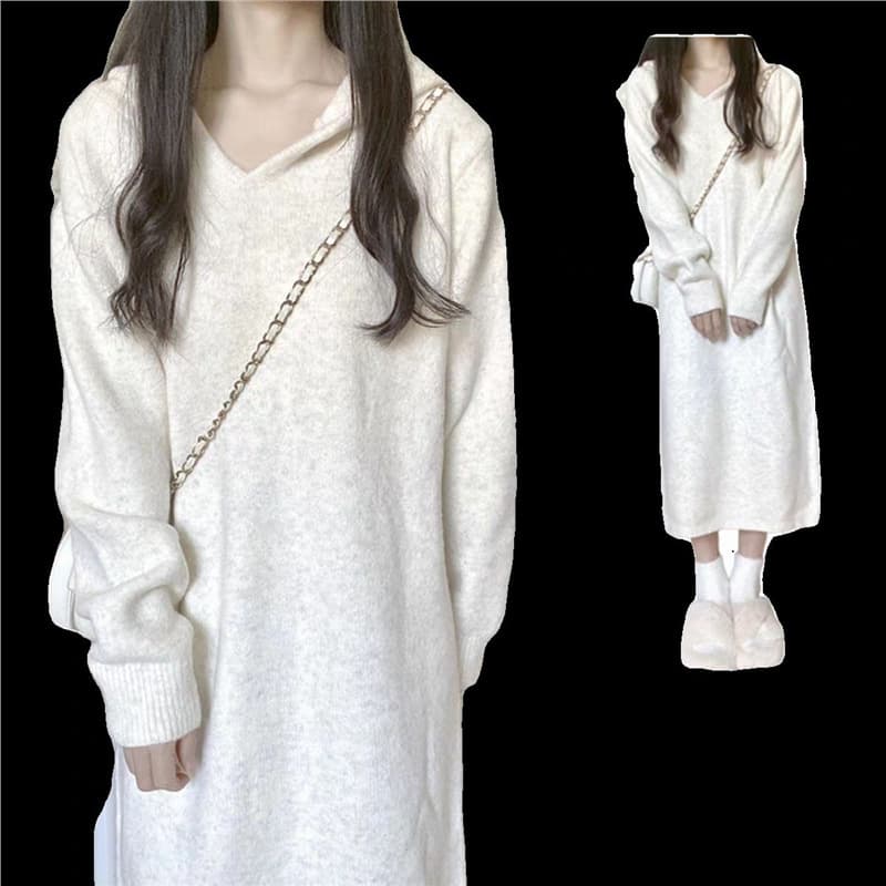 White So Gentle!!! [Brightening Long Dress] Korean Campus Style Hooded Knit Long Dress for Women, INS Korean Version Top