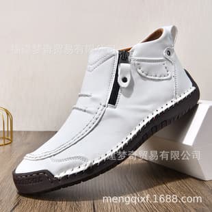 Cross-border Amazon Big Size Men's Outdoor Casual Shoes Slip-on Flat Handmade Leather Boots Zipper Martin Boots Short Boots