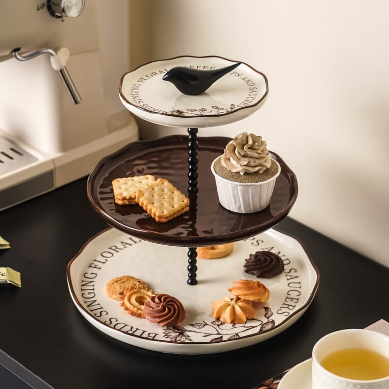INS Floral and Bird Ceramic Multi-Layer Tiered Tray Snack Plate High-Appearance Cake Plate Dessert Stand Creative Afternoon Tea Fruit Plate