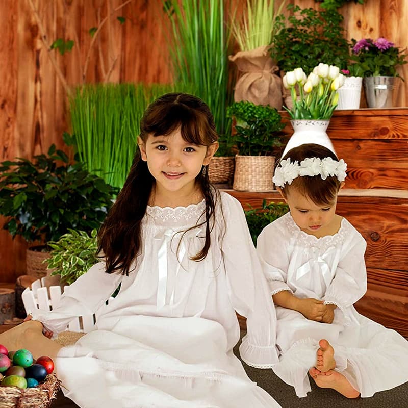 Girls' Long Sleeve Square Collar Woven Cotton Mother-Daughter Matching Loose Long Nightgown Sleepwear Loungewear
