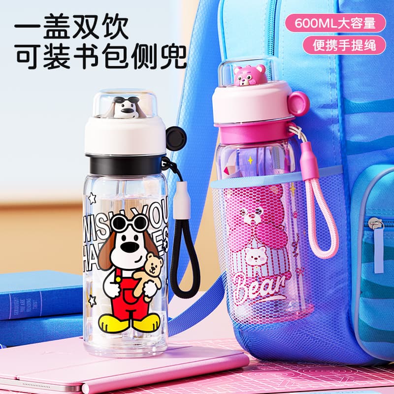 New Stylish Student Plastic Cup, Dual-Drink Portable Water Bottle for Kids and Girls, Large Capacity, Cute Cartoon Design